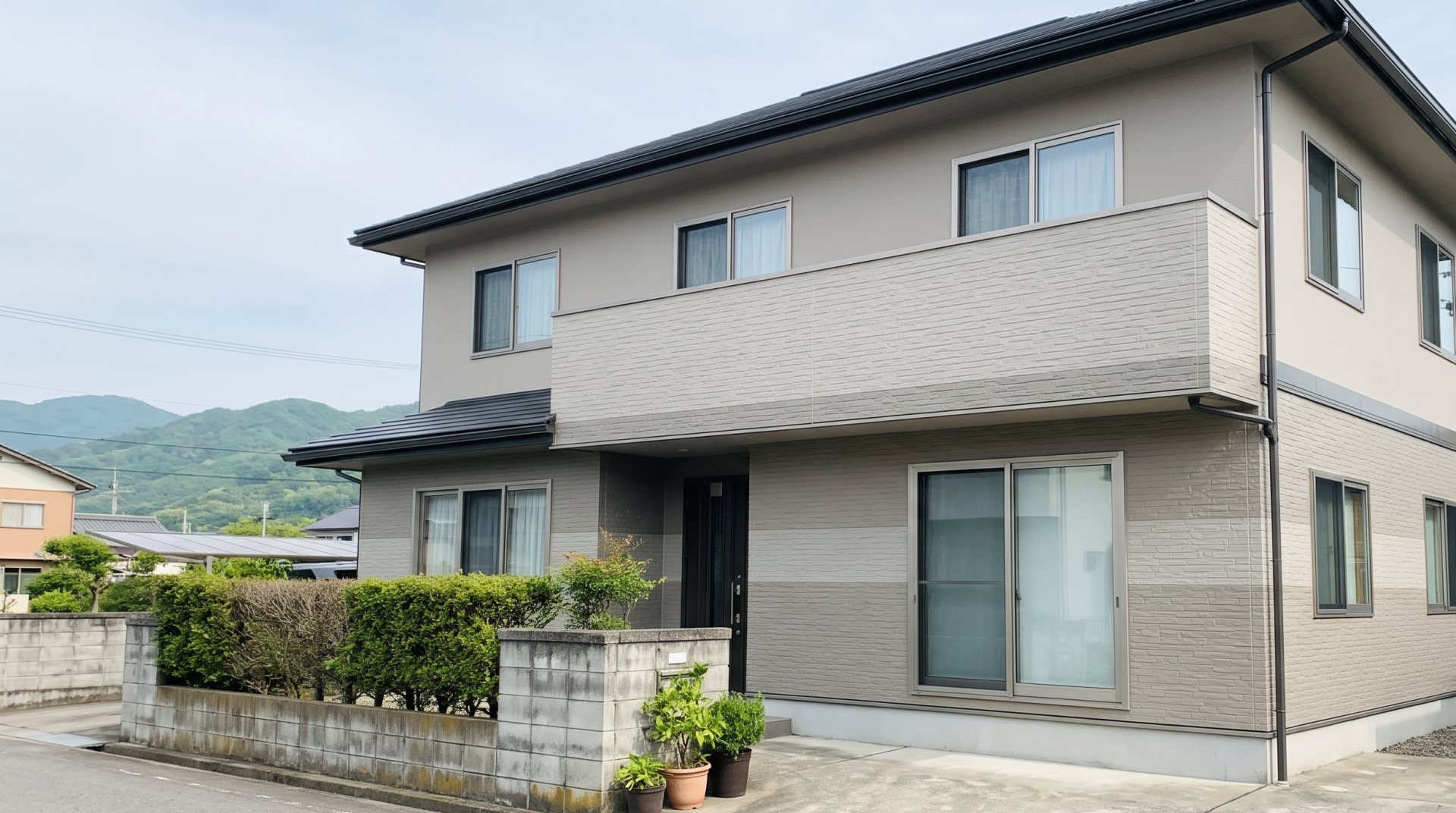 塗り替えを終えた2階建ての住宅（AIで作った見本の画像）